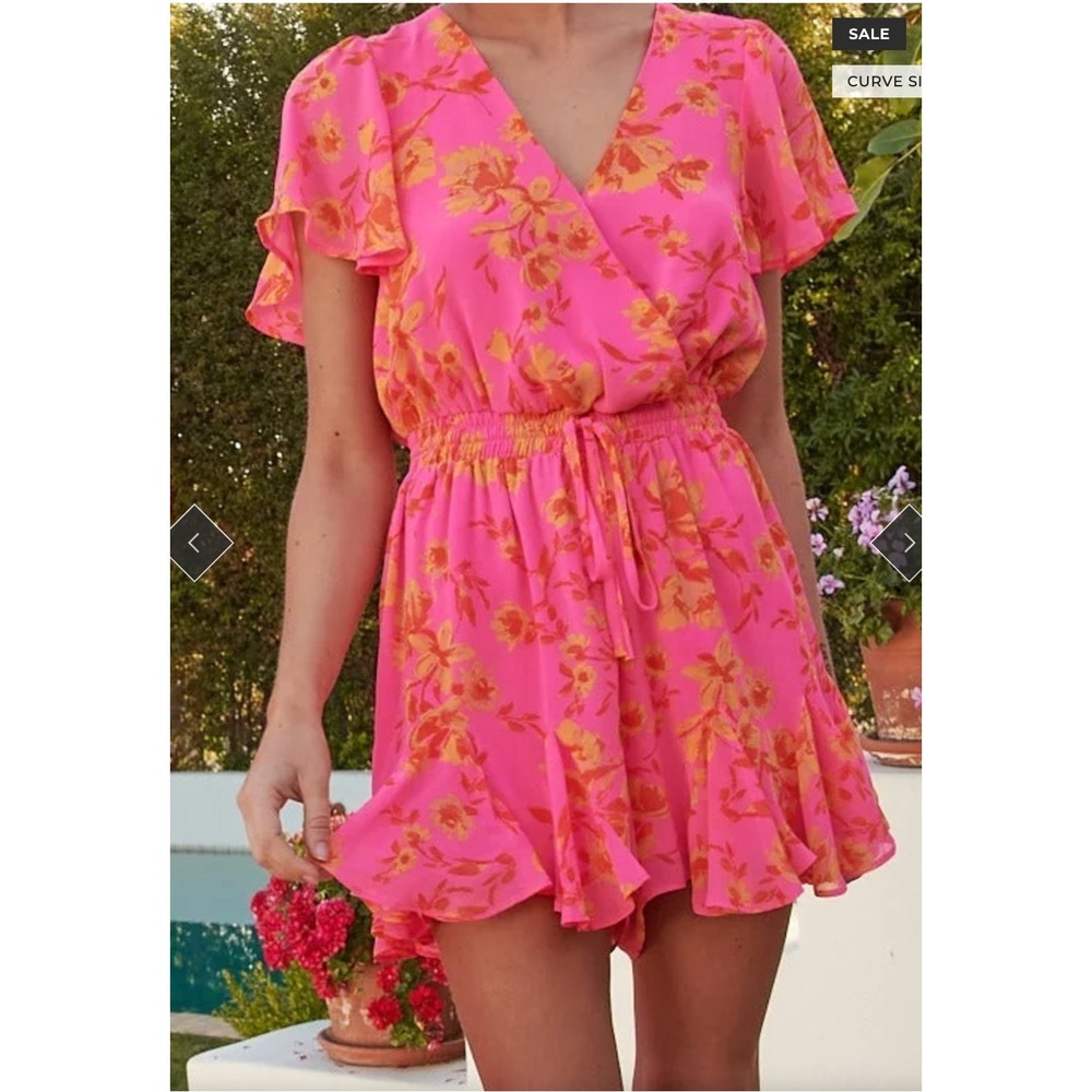 Sugarlips Sugarlips Hot Rod Drawstring Romper Pink Orange Floral Ruffle Medium